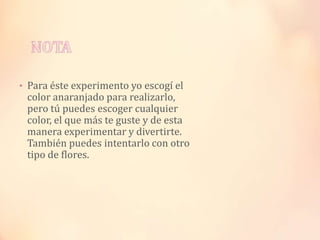 • Para éste experimento yo escogí el

color anaranjado para realizarlo,
pero tú puedes escoger cualquier
color, el que más te guste y de esta
manera experimentar y divertirte.
También puedes intentarlo con otro
tipo de flores.

 