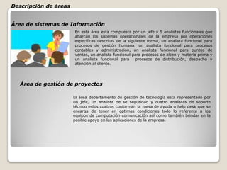 Servicios que presta el departamentoCoordinar con las áreas de sistemas y usuarios la implantación de las aplicaciones.