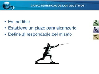 CARACTERISTICAS DE LOS OBJETIVOS




• Es medible
• Establece un plazo para alcanzarlo
• Define al responsable del mismo
 