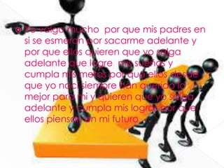 Yo valgo mucho por que mis padres en
si se esmeran por sacarme adelante y
por que ellos quieren que yo salga
adelante que logre mis sueños y
cumpla mis metas por que ellos desde
que yo nací siempre han querido lo
mejor para mi y quieren que yo salga
adelante y cumpla mis logros por que
ellos piensan en mi futuro
 