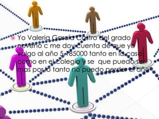  Yo Valeria García Castro del grado
noveno c me doy cuenta de que yo
valgo al año 5,185000 tanto en la casa
como en el colegio y se que puedo ser
mas por lo tanto no puedo perder el año
 