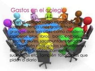  Yo en el colegio valgo mucho por
ejemplo tengo unos gastos muy
grandes que son útiles como cuadernos,
lapiceros, blok, libros, bolso, colbon,
tijeras, colores, sacapuntas, borrador
etc. También otros gastos son uniformes
tales como zapatos camisetas
sudaderas etc. También fotocopias que
piden a diario
 