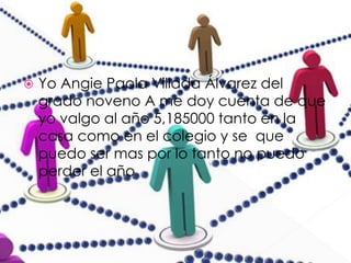  Yo Angie Paola Villada Álvarez del
grado noveno A me doy cuenta de que
yo valgo al año 5,185000 tanto en la
casa como en el colegio y se que
puedo ser mas por lo tanto no puedo
perder el año
 
