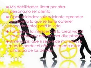  Mis debilidades: llorar por otra
persona,no ser atenta.
 Oportunidades: salir adelante aprender
al máximo lo que se tiene obtener
conocimientos para la vida
 Fortalezas: la inteligencia la creatividad
ser ordenada y además ser disciplinada
 Amenazas: que si se pierde materias se
puede perder el año y se puede estar
atrasada de los demás.
 
