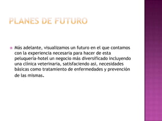    Más adelante, visualizamos un futuro en el que contamos
    con la experiencia necesaria para hacer de esta
    peluquería-hotel un negocio más diversificado incluyendo
    una clínica veterinaria, satisfaciendo asi, necesidades
    básicas como tratamiento de enfermedades y prevención
    de las mismas.
 