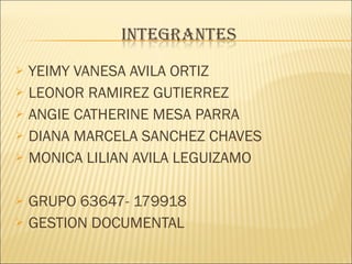 YEIMY VANESA AVILA ORTIZ LEONOR RAMIREZ GUTIERREZ ANGIE CATHERINE MESA PARRA DIANA MARCELA SANCHEZ CHAVES MONICA LILIAN AVILA LEGUIZAMO GRUPO 63647- 179918 GESTION DOCUMENTAL 