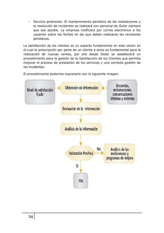 -    Servicio postventa: El mantenimiento periódico de las instalaciones y
        la resolución de incidentes se realizará con personal de iSolar siempre
        que sea posible. La empresa notificará por correo electrónico a los
        usuarios sobre las fechas en las que deban realizarse las revisiones
        periódicas.

La satisfacción de los clientes es un aspecto fundamental en este sector en
el cual la prescripción por parte de un cliente a otros es fundamental para la
realización de nuevas ventas, por ello desde iSolar se establecerá un
procedimiento para la gestión de la Satisfacción de los Clientes que permita
mejorar el proceso de prestación de los servicios y una correcta gestión de
los incidentes.

El procedimiento podemos expresarlo con la siguiente imagen.




   24
 