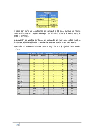 El pago por parte de los clientes se realizará a 30 días, aunque es norma
habitual solicitar un 10% en concepto de entrada, 20% a la mediación y el
resto al terminar.

La previsión de ventas por líneas de producto se expresan en los cuadros
siguientes, donde podemos observar las ventas en unidades y en euros.

Se estima un incremento anual para el segundo año y siguiente del 5% en
ventas.




   35
 