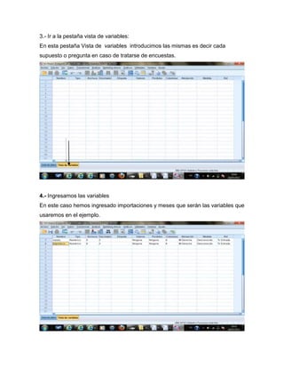 3.- Ir a la pestaña vista de variables:
En esta pestaña Vista de variables introducimos las mismas es decir cada
supuesto o pregunta en caso de tratarse de encuestas.




4.- Ingresamos las variables
En este caso hemos ingresado importaciones y meses que serán las variables que
usaremos en el ejemplo.
 