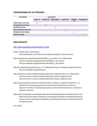 CRONOGRAMA DE ACTIVIDADES

        ACTIVIDAD                                JULIO 2012
                             lunes 9     martes 10   Miercoles11     jueves 12    Sábado       Domingo 15
                                                                                    14
Organización del Tema           X
Investigación del Tema                       X
Análisis del Tema                                          X
Documentación del Tema                                                   x
Finalización del trabajo                                                              x
Estudiar trabajo                                                                                    x




BIBLIOGRAFÍA

http://www.spssfree.com/spss/intro13.html

ditutor. (2010). ditutor. Obtenido de
         http://www.ditutor.com/inferencia_estadistica/estadistica_inferencial.html

http://es.wikipedia.org/wiki/Distribuci%C3%B3n_t_de_Student. (s.f.). Obtenido de
        http://es.wikipedia.org/wiki/Distribuci%C3%B3n_t_de_Student:
        http://es.wikipedia.org/wiki/Distribuci%C3%B3n_t_de_Student

http://es.wikipedia.org/wiki/Varianza. (s.f.). Obtenido de http://es.wikipedia.org/wiki/Varianza:
        http://es.wikipedia.org/wiki/Varianza

http://nutriserver.com/Cursos/Bioestadistica/Correlacion_Regresion.html. (s.f.). Obtenido de
        http://nutriserver.com/Cursos/Bioestadistica/Correlacion_Regresion.html:
        http://nutriserver.com/Cursos/Bioestadistica/Correlacion_Regresion.html

http://www.gestiopolis.com/economia/matematicas-correlacion-y-regresion-lineal.htm. (s.f.).
        Obtenido de http://www.gestiopolis.com/economia/matematicas-correlacion-y-
        regresion-lineal.htm: http://www.gestiopolis.com/economia/matematicas-correlacion-y-
        regresion-lineal.htm

http://www.monografias.com/trabajos17/pruebas-de-hipotesis/pruebas-de-hipotesis.shtml. (s.f.).
        Obtenido de http://www.monografias.com/trabajos17/pruebas-de-hipotesis/pruebas-de-
        hipotesis.shtml: http://www.monografias.com/trabajos17/pruebas-de-hipotesis/pruebas-
        de-hipotesis.shtml

inei. (2012).
 