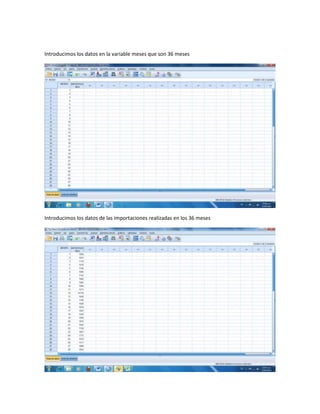 Introducimos los datos en la variable meses que son 36 meses




Introducimos los datos de las importaciones realizadas en los 36 meses
 