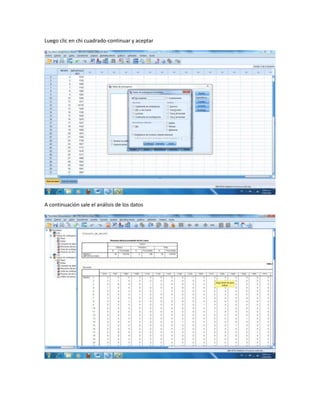 Luego clic en chi cuadrado-continuar y aceptar




A continuación sale el análisis de los datos
 