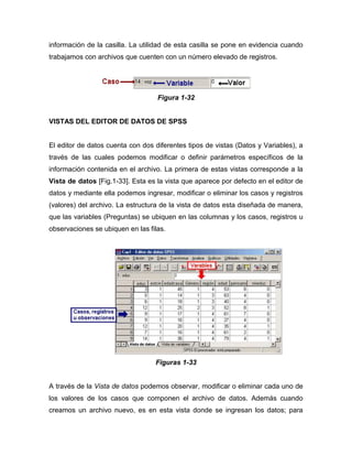 información de la casilla. La utilidad de esta casilla se pone en evidencia cuando
trabajamos con archivos que cuenten con un número elevado de registros.




                                   Figura 1-32


VISTAS DEL EDITOR DE DATOS DE SPSS


El editor de datos cuenta con dos diferentes tipos de vistas (Datos y Variables), a
través de las cuales podemos modificar o definir parámetros específicos de la
información contenida en el archivo. La primera de estas vistas corresponde a la
Vista de datos [Fig.1-33]. Esta es la vista que aparece por defecto en el editor de
datos y mediante ella podemos ingresar, modificar o eliminar los casos y registros
(valores) del archivo. La estructura de la vista de datos esta diseñada de manera,
que las variables (Preguntas) se ubiquen en las columnas y los casos, registros u
observaciones se ubiquen en las filas.




                                  Figuras 1-33


A través de la Vista de datos podemos observar, modificar o eliminar cada uno de
los valores de los casos que componen el archivo de datos. Además cuando
creamos un archivo nuevo, es en esta vista donde se ingresan los datos; para
 