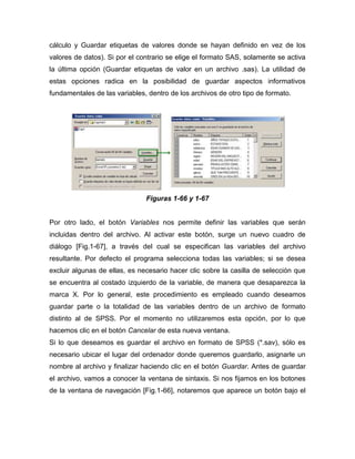 cálculo y Guardar etiquetas de valores donde se hayan definido en vez de los
valores de datos). Si por el contrario se elige el formato SAS, solamente se activa
la última opción (Guardar etiquetas de valor en un archivo .sas). La utilidad de
estas opciones radica en la posibilidad de guardar aspectos informativos
fundamentales de las variables, dentro de los archivos de otro tipo de formato.




                               Figuras 1-66 y 1-67


Por otro lado, el botón Variables nos permite definir las variables que serán
incluidas dentro del archivo. Al activar este botón, surge un nuevo cuadro de
diálogo [Fig.1-67], a través del cual se especifican las variables del archivo
resultante. Por defecto el programa selecciona todas las variables; si se desea
excluir algunas de ellas, es necesario hacer clic sobre la casilla de selección que
se encuentra al costado izquierdo de la variable, de manera que desaparezca la
marca X. Por lo general, este procedimiento es empleado cuando deseamos
guardar parte o la totalidad de las variables dentro de un archivo de formato
distinto al de SPSS. Por el momento no utilizaremos esta opción, por lo que
hacemos clic en el botón Cancelar de esta nueva ventana.
Si lo que deseamos es guardar el archivo en formato de SPSS (*.sav), sólo es
necesario ubicar el lugar del ordenador donde queremos guardarlo, asignarle un
nombre al archivo y finalizar haciendo clic en el botón Guardar. Antes de guardar
el archivo, vamos a conocer la ventana de sintaxis. Si nos fijamos en los botones
de la ventana de navegación [Fig.1-66], notaremos que aparece un botón bajo el
 