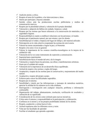  Audición atenta y crítica. 
 Respeto al turno de la palabra, a las intervenciones e ideas. 
 Interés por participar y hacerse entender. 
 Sentido crítico ante las producciones escritas publicitarias y medios de 
comunicación masivos. 
 Respeto por la pluralidad cultural y valoración de la propia identidad. 
 Valoración y adopción de hábitos de cuidado, limpieza y salud. 
 Respeto por las normas que hacen referencia a la conservación de materiales, a la 
seguridad e higiene. 
 Responsabilidad en cuanto a establecer relaciones con las personas y el medio. 
 Respeto por el patrimonio natural, por uno mismo y por los demás. 
 Sensibilidad por el orden y limpieza del lugar de trabajo y del material utilizado. 
 Participación en la vida colectiva respetando las normas de convivencia. 
 Valorar las tareas encaminadas a lograr la paz y el bienestar. 
 Respeto a los seres vivos en general. 
 Valorar la importancia de los avances científico-tecnológicos en la mejora de la 
calidad de vida. 
 Valoración de la voz como instrumento de expresión y comunicación. 
 Inquietud para experimentar. 
 Sensibilización hacia el mundo del arte y de la imagen. 
 Valoración y respeto hacia las personas, sus obras y manifestaciones artísticas. 
 Gusto por el cuidado del cuerpo. 
 Valoración de la importancia de un desarrollo físico equilibrado. 
 Actitud de respeto a las normas y reglas del juego. 
 Aceptación y respeto de las normas para la conservación y mejoramiento del medio 
natural. 
 Aceptación y respeto del propio cuerpo. 
 Esfuerzo para vencer las dificultades superables. 
 Respeto por el entorno. 
 Sensibilidad e interés por las informaciones y mensajes de naturaleza numérica, 
apreciar la utilidad de los números en la vida cotidiana. 
 Interrogación e investigación ante cualquier situación, problema o información 
contrastable. 
 Organización del trabajo, planteamiento, resolución, verificación de resultados y 
valoración de su significado. 
 Consideración de los errores como estímulo para nuevas iniciativas. 
 Crítica ante el entorno y responsabilidad en la participación y colaboración. 
 Confianza en sí mismo y en las propias posibilidades delante de los demás. 
 Respeto, aceptación y estima hacia el otro. 
 Actitud respetuosa ante los diferentes sexos y razas. 
 Velar por las facultades de aprender 
 Facilitar al estudiante que aprenda a aprender. 
 