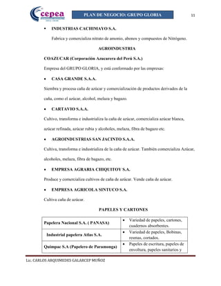 11
Lic. CARLOS ARQUIMEDES GALARCEP MUÑOZ
PLAN DE NEGOCIO: GRUPO GLORIA
 INDUSTRIAS CACHIMAYO S.A.
Fabrica y comercializa nitrato de amonio, abonos y compuestos de Nitrógeno.
AGROINDUSTRIA
COAZUCAR (Corporación Azucarera del Perú S.A.)
Empresa del GRUPO GLORIA, y está conformado por las empresas:
 CASA GRANDE S.A.A.
Siembra y procesa caña de azúcar y comercialización de productos derivados de la
caña, como el azúcar, alcohol, melaza y bagazo.
 CARTAVIO S.A.A.
Cultivo, transforma e industrializa la caña de azúcar, comercializa azúcar blanca,
azúcar refinada, azúcar rubia y alcoholes, melaza, fibra de bagazo etc.
 AGROINDUSTRIAS SAN JACINTO S.A.A.
Cultiva, transforma e industrializa de la caña de azúcar. También comercializa Azúcar,
alcoholes, melaza, fibra de bagazo, etc.
 EMPRESA AGRARIA CHIQUITOY S.A.
Produce y comercializa cultivos de caña de azúcar. Vende caña de azúcar.
 EMPRESA AGRICOLA SINTUCO S.A.
Cultiva caña de azúcar.
PAPELES Y CARTONES
Papelera Nacional S.A. ( PANASA)
 Variedad de papeles, cartones,
cuadernos absorbentes.
Industrial papelera Atlas S.A.
 Variedad de papeles, Bobinas,
resmas, cortados.
Quimpac S.A (Papelero de Paramonga)
 Papeles de escritura, papeles de
envoltura, papeles sanitarios y
 