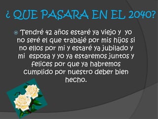 ¿ QUE PASARA EN EL 2040?
 Tendré 42 años estaré ya viejo y yo
no seré el que trabajé por mis hijos si
no ellos por mi y estaré ya jubilado y
mi esposa y yo ya estaremos juntos y
felices por que ya habremos
cumplido por nuestro deber bien
hecho.
 
