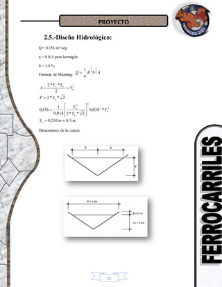 PROYECTO
23
ASR
n
Q 2
1
3
2
1

2.5.-Diseño Hidrológico:
Q = 0.156 m3
/seg
n = 0.014 para hormigón
S = 3.8 %
Fórmula de Manning:
mmY
Y
Y
Y
YP
Y
YY
A
n
n
n
n
n
n
nn
3.0241,0
*038,0
2**2014,0
1
156,0
2**2
2
**2
2
2
2
2
1
3
2












Dimensiones de la cuneta
 
