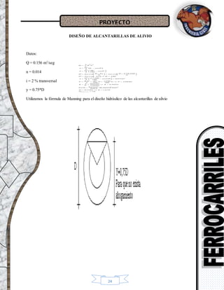 PROYECTO
24
DISEÑO DE ALCANTARILLAS DE ALIVIO
Datos:
Q = 0.156 m3
/seg
n = 0.014
i = 2 % transversal
y = 0.75*D
Utilizamos la fórmula de Manning para el diseño hidráulico de las alcantarillas de alivio
 
 
 
"14
"19,13335,0
02,0302,0
014,0
632,0
156,0
302,0
094,2
632,0
094,2
360
240
360
º
2
632,0240
180
240*
8
º240º5,0c os2º
75,0*2
c os2
2
c os2º
º
180
º
8
º
8
2
1
3
22
2
2
2
2
2
1
3
2


















 





 










Come rc ial
r
r
D
DmD
D
D
DR
D
D
P
A
R
DPDD
D
P
Dsen
D
A
ar
D
DD
ar
D
yD
ar
sen
D
A
sen
D
A
SR
n
A
Q






 