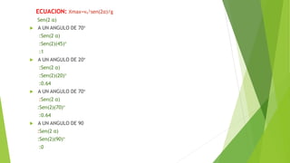 ECUACION: Xmax=vₒ²sen(2α)/g
Sen(2 α)
 A UN ANGULO DE 70°
:Sen(2 α)
:Sen(2)(45)°
:1
 A UN ANGULO DE 20°
:Sen(2 α)
:Sen(2)(20)°
:0.64
 A UN ANGULO DE 70°
:Sen(2 α)
:Sen(2)(70)°
:0.64
 A UN ANGULO DE 90
:Sen(2 α)
:Sen(2)(90)°
:0
 