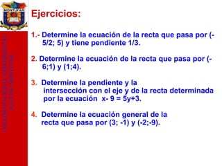COLEGIO NACIONAL EXPERIMENTAL
JUAN PIO MONTUFAR

Ejercicios:
1.- Determine la ecuación de la recta que pasa por (5/2; 5) y tiene pendiente 1/3.
2. Determine la ecuación de la recta que pasa por (6;1) y (1;4).
3. Determine la pendiente y la
intersección con el eje y de la recta determinada
por la ecuación x- 9 = 5y+3.
4. Determine la ecuación general de la
recta que pasa por (3; -1) y (-2;-9).

 