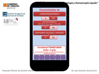 HH2.O+ “Servicio de Hematología y Hemoterapia Líquido”
Concentrados de
Hematíes
¿PERIOPERATORIO?
SI

NO

¿FACTORES RIESGO? :
IAM, ACV, Ictus, Angina, HTA, DM;

SI

NO

¿SINTOMAS AGUDOS o HIPOXIA?
SI

NO

Considerad TRANSFUNDIR
Si Hb < 7 g/dL
Se recomienda transfundir 1 concentrado de hematíes y
reevaluación posterior

Proyecto Técnico de Gestión Hematología y Hemoterapia

Dr. José Antonio García Erce

 