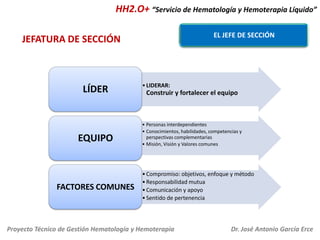 HH2.O+ “Servicio de Hematología y Hemoterapia Líquido”
EL JEFE DE SECCIÓN

JEFATURA DE SECCIÓN

LÍDER

EQUIPO

FACTORES COMUNES

• LIDERAR:

Construir y fortalecer el equipo

• Personas interdependientes
• Conocimientos, habilidades, competencias y
perspectivas complementarias
• Misión, Visión y Valores comunes

• Compromiso: objetivos, enfoque y método
• Responsabilidad mutua
• Comunicación y apoyo
• Sentido de pertenencia

Proyecto Técnico de Gestión Hematología y Hemoterapia

Dr. José Antonio García Erce

 