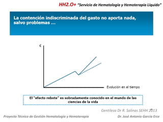 HH2.O+ “Servicio de Hematología y Hemoterapia Líquido”

Gentileza Dr R. Salinas SEHH 2013
Proyecto Técnico de Gestión Hematología y Hemoterapia

Dr. José Antonio García Erce

 