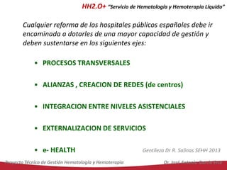 HH2.O+ “Servicio de Hematología y Hemoterapia Líquido”

Cualquier reforma de los hospitales públicos españoles debe ir
encaminada a dotarles de una mayor capacidad de gestión y
deben sustentarse en los siguientes ejes:
• PROCESOS TRANSVERSALES
• ALIANZAS , CREACION DE REDES (de centros)

• INTEGRACION ENTRE NIVELES ASISTENCIALES
• EXTERNALIZACION DE SERVICIOS
• e- HEALTH
Proyecto Técnico de Gestión Hematología y Hemoterapia

Gentileza Dr R. Salinas SEHH 2013
Dr. José Antonio García Erce

 