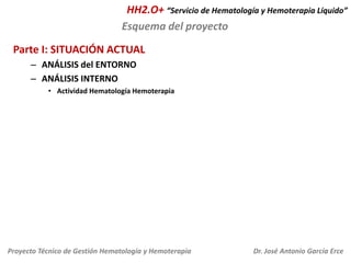 HH2.O+ “Servicio de Hematología y Hemoterapia Líquido”
Esquema del proyecto
Parte I: SITUACIÓN ACTUAL
– ANÁLISIS del ENTORNO
– ANÁLISIS INTERNO
• Actividad Hematología Hemoterapia

Proyecto Técnico de Gestión Hematología y Hemoterapia

Dr. José Antonio García Erce

 
