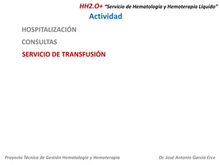 HH2.O+ “Servicio de Hematología y Hemoterapia Líquido”

Actividad
HOSPITALIZACIÓN
CONSULTAS
SERVICIO DE TRANSFUSIÓN

Proyecto Técnico de Gestión Hematología y Hemoterapia

Dr. José Antonio García Erce

 