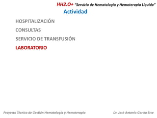 HH2.O+ “Servicio de Hematología y Hemoterapia Líquido”

Actividad
HOSPITALIZACIÓN
CONSULTAS
SERVICIO DE TRANSFUSIÓN
LABORATORIO

Proyecto Técnico de Gestión Hematología y Hemoterapia

Dr. José Antonio García Erce

 