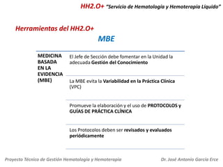 HH2.O+ “Servicio de Hematología y Hemoterapia Líquido”

Herramientas del HH2.O+

MBE
MEDICINA
BASADA
EN LA
EVIDENCIA
(MBE)

El Jefe de Sección debe fomentar en la Unidad la
adecuada Gestión del Conocimiento

La MBE evita la Variabilidad en la Práctica Clínica
(VPC)

Promueve la elaboración y el uso de PROTOCOLOS y
GUÍAS DE PRÁCTICA CLÍNICA

Los Protocolos deben ser revisados y evaluados
periódicamente

Proyecto Técnico de Gestión Hematología y Hemoterapia

Dr. José Antonio García Erce

 