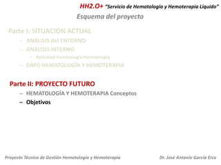 HH2.O+ “Servicio de Hematología y Hemoterapia Líquido”
Esquema del proyecto
Parte I: SITUACIÓN ACTUAL
– ANÁLISIS del ENTORNO
– ANÁLISIS INTERNO
• Actividad Hematología Hemoterapia

– DAFO HEMATOLOGÍA Y HEMOTERAPIA

Parte II: PROYECTO FUTURO
– HEMATOLOGÍA Y HEMOTERAPIA Conceptos
– Objetivos

Proyecto Técnico de Gestión Hematología y Hemoterapia

Dr. José Antonio García Erce

 