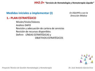 HH2.O+ “Servicio de Hematología y Hemoterapia Líquido”

Medidas iniciales a implementar (I)
1.- PLAN ESTRATÉGICO

En EQUIPO y con la
Dirección Médica

Misión/Visión/Valores
Análisis DAFO
Revisión y adecuación de cartera de servicios
Revisión de recursos disponibles
Definir: LÍNEAS ESTRATÉGICAS y
OBJETIVOS ESTRATÉGICOS

Proyecto Técnico de Gestión Hematología y Hemoterapia

Dr. José Antonio García Erce

 