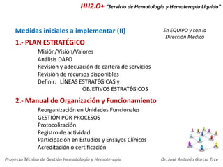 HH2.O+ “Servicio de Hematología y Hemoterapia Líquido”

Medidas iniciales a implementar (II)
1.- PLAN ESTRATÉGICO

En EQUIPO y con la
Dirección Médica

Misión/Visión/Valores
Análisis DAFO
Revisión y adecuación de cartera de servicios
Revisión de recursos disponibles
Definir: LÍNEAS ESTRATÉGICAS y
OBJETIVOS ESTRATÉGICOS

2.- Manual de Organización y Funcionamiento
Reorganización en Unidades Funcionales
GESTIÓN POR PROCESOS
Protocolización
Registro de actividad
Participación en Estudios y Ensayos Clínicos
Acreditación o certificación
Proyecto Técnico de Gestión Hematología y Hemoterapia

Dr. José Antonio García Erce

 