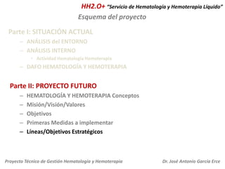 HH2.O+ “Servicio de Hematología y Hemoterapia Líquido”
Esquema del proyecto
Parte I: SITUACIÓN ACTUAL
– ANÁLISIS del ENTORNO
– ANÁLISIS INTERNO
• Actividad Hematología Hemoterapia

– DAFO HEMATOLOGÍA Y HEMOTERAPIA

Parte II: PROYECTO FUTURO
–
–
–
–
–

HEMATOLOGÍA Y HEMOTERAPIA Conceptos
Misión/Visión/Valores
Objetivos
Primeras Medidas a implementar
Líneas/Objetivos Estratégicos

Proyecto Técnico de Gestión Hematología y Hemoterapia

Dr. José Antonio García Erce

 