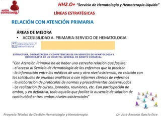 HH2.O+ “Servicio de Hematología y Hemoterapia Líquido”
LÍNEAS ESTRATÉGICAS

RELACIÓN CON ATENCIÓN PRIMARIA
ÁREAS DE MEJORA
• ACCESIBILIDAD A. PRIMARIA-SERVICIO DE HEMATOLOGIA

“Con Atención Primaria ha de haber una estrecha relación que facilite:
- el acceso al Servicio de Hematología de los enfermos que lo precisen
- la información entre los médicos de uno y otro nivel asistencial, en relación con
las solicitudes de pruebas analíticas o con informes clínicos de enfermos
- la elaboración de protocolos de normas y procedimientos consensuados
- La realización de cursos, jornadas, reuniones, etc. Con participación de
ambos, y en definitiva, todo aquello que facilite la ausencia de solución de
continuidad entres ambos niveles asistenciales”

Proyecto Técnico de Gestión Hematología y Hemoterapia

Dr. José Antonio García Erce

 