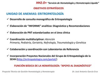 HH2.O+ “Servicio de Hematología y Hemoterapia Líquido”
OBJETIVOS ESTRATÉGICOS

UNIDAD DE ANEMIAS: ERITROPATOLOGÍA
 Desarrollo de consulta monográfica de Eritropatología
 Elaboración de “INFORME” analítico: Diagnóstico y Recomendaciones

 Elaboración de PNT estandarizados en el área clínica
 Coordinación multidisciplinar: Atención
Primaria, Pediatría, Geriatría, Nefrología, Traumatología y Genética

 Colaboración y coordinación con Laboratorios de Referencia
 Incorporación Proyectos Nacionales del Grupo de Eritropatología de la
SEHH (http://eritropatologia.com/portal/)
FUNCIÓN BÁSICA DE LA HEMATOLOGÍA: “APOYO AL DIAGNÓSTICO”
Proyecto Técnico de Gestión Hematología y Hemoterapia

Dr. José Antonio García Erce

 