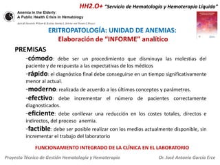 HH2.O+ “Servicio de Hematología y Hemoterapia Líquido”

ERITROPATOLOGÍA: UNIDAD DE ANEMIAS:
Elaboración de “INFORME” analítico
PREMISAS
-cómodo:

debe ser un procedimiento que disminuya las molestias del
paciente y de respuesta a las expectativas de los médicos

-rápido: el diagnóstico final debe conseguirse en un tiempo significativamente
menor al actual.

-moderno: realizada de acuerdo a los últimos conceptos y parámetros.
-efectivo: debe incrementar el número de pacientes correctamente
diagnosticados.

-eficiente:

debe conllevar una reducción en los costes totales, directos e
indirectos, del proceso anemia.

-factible: debe ser posible realizar con los medios actualmente disponible, sin
incrementar el trabajo del laboratorio
FUNCIONAMIENTO INTEGRADO DE LA CLÍNICA EN EL LABORATORIO
Proyecto Técnico de Gestión Hematología y Hemoterapia

Dr. José Antonio García Erce

 