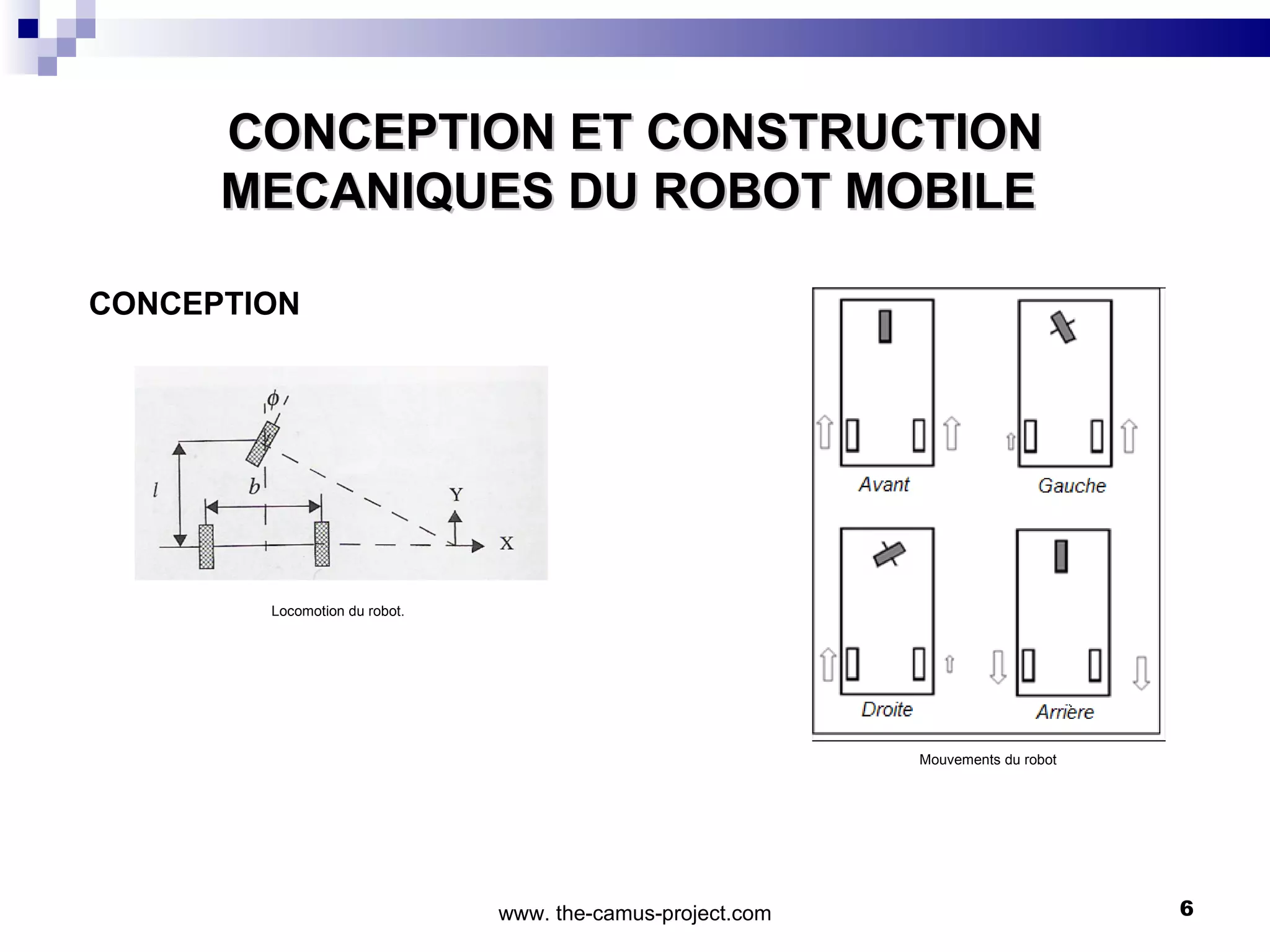 CONCEPTION ET CONSTRUCTION MECANIQUES DU ROBOT MOBILE  CON CEPTION Locomo tio n d u  robot. Mo uvements du  robot www. the-camus-project.com 