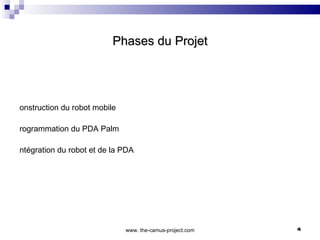 Phases du Projet www. the-camus-project.com <ul><li>Construction du robot mobile </li></ul><ul><li>Programmation du PDA Pa...
