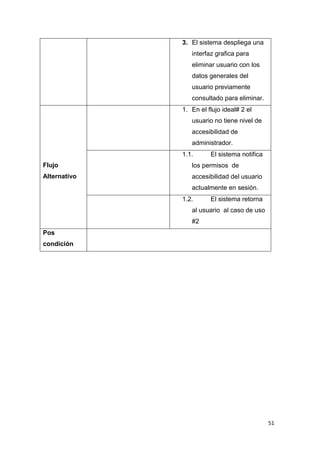 3. El sistema despliega una
                 interfaz grafica para
                 eliminar usuario con los
                 datos generales del
                 usuario previamente
                 consultado para eliminar.
              1. En el flujo ideal# 2 el
                 usuario no tiene nivel de
                 accesibilidad de
                 administrador.
              1.1.      El sistema notifica
Flujo            los permisos de
Alternativo      accesibilidad del usuario
                 actualmente en sesión.
              1.2.      El sistema retorna
                 al usuario al caso de uso
                 #2
Pos
condición




                                              51
 