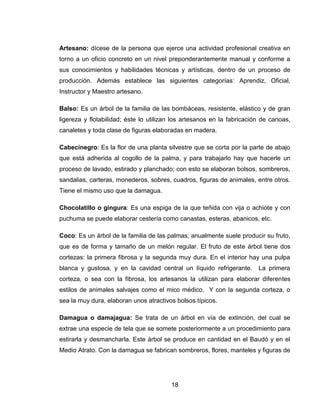 Artesano: dícese de la persona que ejerce una actividad profesional creativa en
torno a un oficio concreto en un nivel preponderantemente manual y conforme a
sus conocimientos y habilidades técnicas y artísticas, dentro de un proceso de
producción. Además establece las siguientes categorías: Aprendiz, Oficial,
Instructor y Maestro artesano.

Balso: Es un árbol de la familia de las bombáceas, resistente, elástico y de gran
ligereza y flotabilidad; éste lo utilizan los artesanos en la fabricación de canoas,
canaletes y toda clase de figuras elaboradas en madera.

Cabecinegro: Es la flor de una planta silvestre que se corta por la parte de abajo
que está adherida al cogollo de la palma, y para trabajarlo hay que hacerle un
proceso de lavado, estirado y planchado; con esto se elaboran bolsos, sombreros,
sandalias, carteras, monederos, sobres, cuadros, figuras de animales, entre otros.
Tiene el mismo uso que la damagua.

Chocolatillo o gingura: Es una espiga de la que teñida con vija o achiote y con
puchuma se puede elaborar cestería como canastas, esteras, abanicos, etc.

Coco: Es un árbol de la familia de las palmas; anualmente suele producir su fruto,
que es de forma y tamaño de un melón regular. El fruto de este árbol tiene dos
cortezas: la primera fibrosa y la segunda muy dura. En el interior hay una pulpa
blanca y gustosa, y en la cavidad central un líquido refrigerante.      La primera
corteza, o sea con la fibrosa, los artesanos la utilizan para elaborar diferentes
estilos de animales salvajes como el mico médico. Y con la segunda corteza, o
sea la muy dura, elaboran unos atractivos bolsos típicos.

Damagua o damajagua: Se trata de un árbol en vía de extinción, del cual se
extrae una especie de tela que se somete posteriormente a un procedimiento para
estirarla y desmancharla. Este árbol se produce en cantidad en el Baudó y en el
Medio Atrato. Con la damagua se fabrican sombreros, flores, manteles y figuras de




                                        18
 