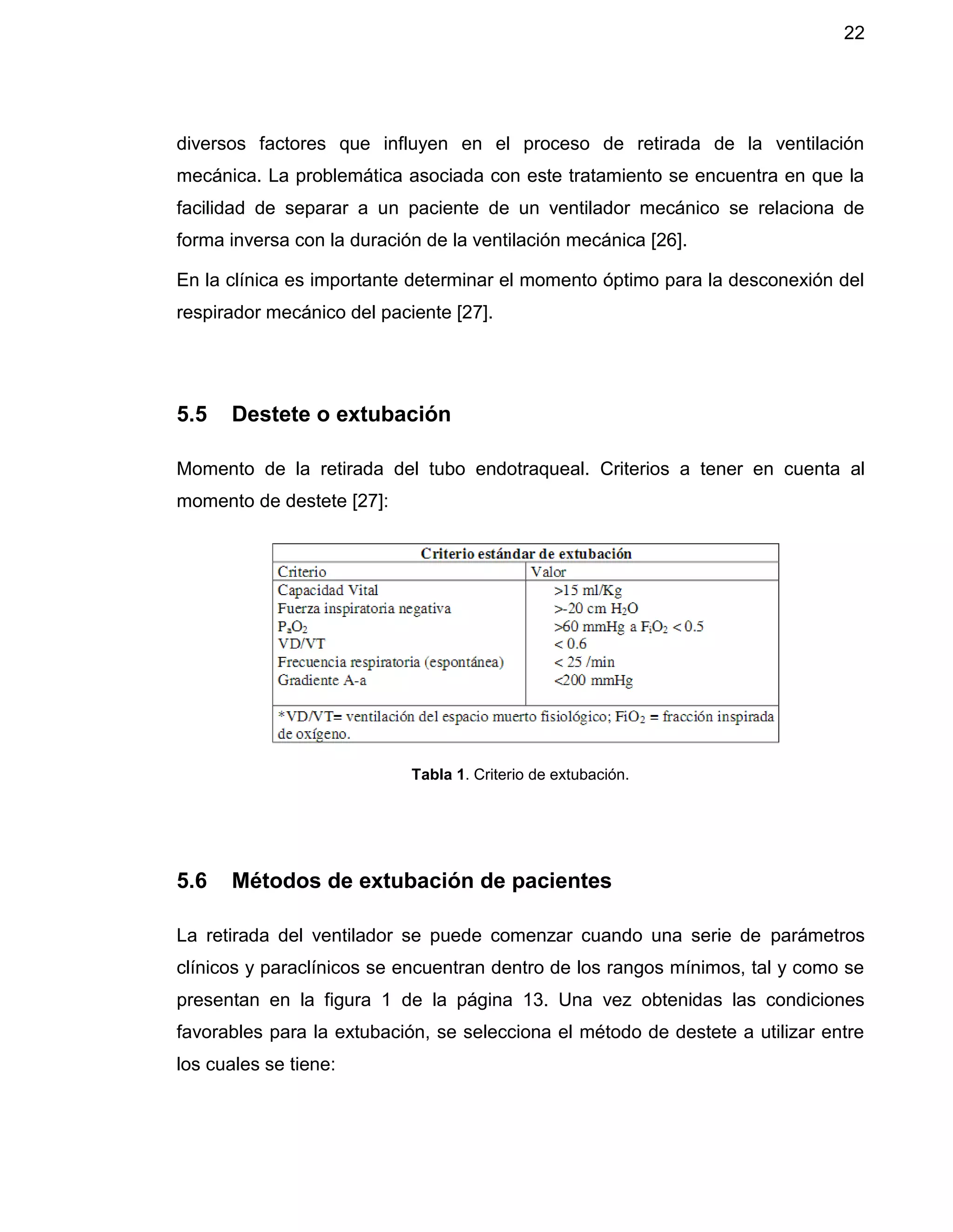 22
diversos factores que influyen en el proceso de retirada de la ventilación
mecánica. La problemática asociada con este tratamiento se encuentra en que la
facilidad de separar a un paciente de un ventilador mecánico se relaciona de
forma inversa con la duración de la ventilación mecánica [26].
En la clínica es importante determinar el momento óptimo para la desconexión del
respirador mecánico del paciente [27].
5.5 Destete o extubación
Momento de la retirada del tubo endotraqueal. Criterios a tener en cuenta al
momento de destete [27]:
Tabla 1. Criterio de extubación.
5.6 Métodos de extubación de pacientes
La retirada del ventilador se puede comenzar cuando una serie de parámetros
clínicos y paraclínicos se encuentran dentro de los rangos mínimos, tal y como se
presentan en la figura 1 de la página 13. Una vez obtenidas las condiciones
favorables para la extubación, se selecciona el método de destete a utilizar entre
los cuales se tiene:
 
