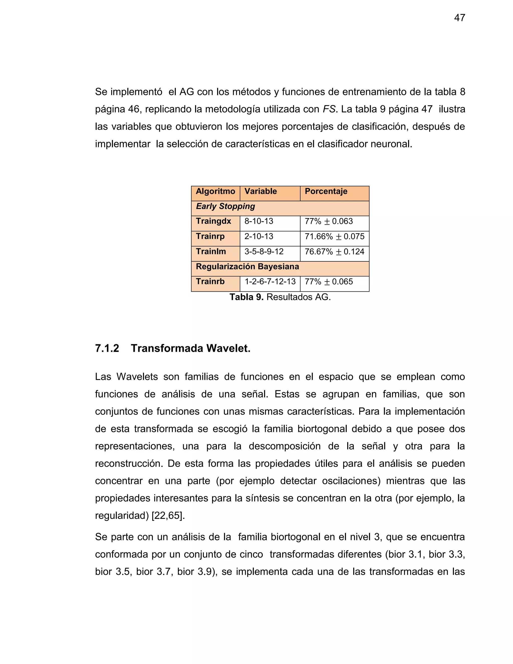 47
Se implementó el AG con los métodos y funciones de entrenamiento de la tabla 8
página 46, replicando la metodología utilizada con FS. La tabla 9 página 47 ilustra
las variables que obtuvieron los mejores porcentajes de clasificación, después de
implementar la selección de características en el clasificador neuronal.
Algoritmo Variable Porcentaje
Early Stopping
Traingdx 8-10-13 77% ± 0.063
Trainrp 2-10-13 71.66% ± 0.075
Trainlm 3-5-8-9-12 76.67% ± 0.124
Regularización Bayesiana
Trainrb 1-2-6-7-12-13 77% ± 0.065
Tabla 9. Resultados AG.
7.1.2 Transformada Wavelet.
Las Wavelets son familias de funciones en el espacio que se emplean como
funciones de análisis de una señal. Estas se agrupan en familias, que son
conjuntos de funciones con unas mismas características. Para la implementación
de esta transformada se escogió la familia biortogonal debido a que posee dos
representaciones, una para la descomposición de la señal y otra para la
reconstrucción. De esta forma las propiedades útiles para el análisis se pueden
concentrar en una parte (por ejemplo detectar oscilaciones) mientras que las
propiedades interesantes para la síntesis se concentran en la otra (por ejemplo, la
regularidad) [22,65].
Se parte con un análisis de la familia biortogonal en el nivel 3, que se encuentra
conformada por un conjunto de cinco transformadas diferentes (bior 3.1, bior 3.3,
bior 3.5, bior 3.7, bior 3.9), se implementa cada una de las transformadas en las
 