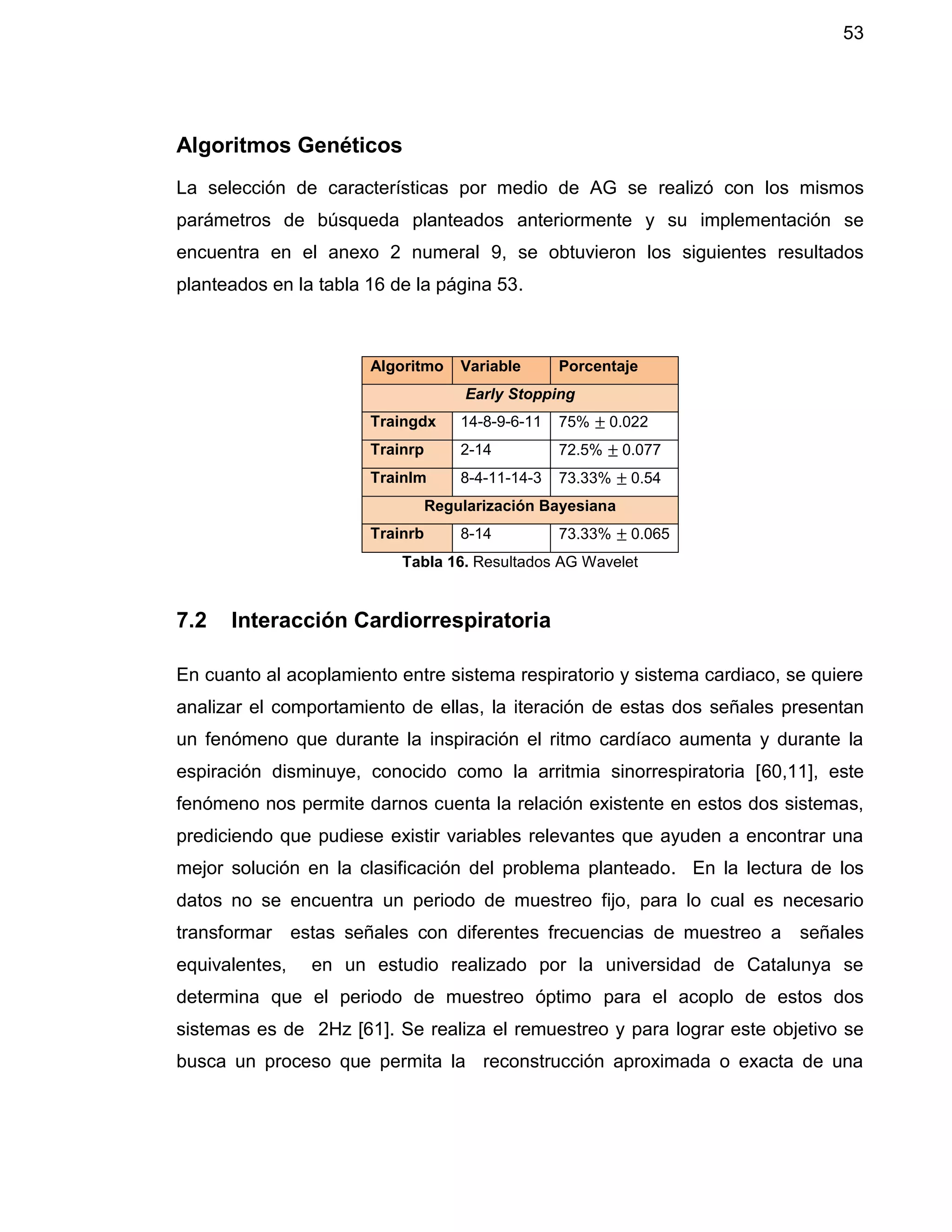 53
Algoritmos Genéticos
La selección de características por medio de AG se realizó con los mismos
parámetros de búsqueda planteados anteriormente y su implementación se
encuentra en el anexo 2 numeral 9, se obtuvieron los siguientes resultados
planteados en la tabla 16 de la página 53.
Algoritmo Variable Porcentaje
Early Stopping
Traingdx 14-8-9-6-11 75% ± 0.022
Trainrp 2-14 72.5% ± 0.077
Trainlm 8-4-11-14-3 73.33% ± 0.54
Regularización Bayesiana
Trainrb 8-14 73.33% ± 0.065
Tabla 16. Resultados AG Wavelet
7.2 Interacción Cardiorrespiratoria
En cuanto al acoplamiento entre sistema respiratorio y sistema cardiaco, se quiere
analizar el comportamiento de ellas, la iteración de estas dos señales presentan
un fenómeno que durante la inspiración el ritmo cardíaco aumenta y durante la
espiración disminuye, conocido como la arritmia sinorrespiratoria [60,11], este
fenómeno nos permite darnos cuenta la relación existente en estos dos sistemas,
prediciendo que pudiese existir variables relevantes que ayuden a encontrar una
mejor solución en la clasificación del problema planteado. En la lectura de los
datos no se encuentra un periodo de muestreo fijo, para lo cual es necesario
transformar estas señales con diferentes frecuencias de muestreo a señales
equivalentes, en un estudio realizado por la universidad de Catalunya se
determina que el periodo de muestreo óptimo para el acoplo de estos dos
sistemas es de 2Hz [61]. Se realiza el remuestreo y para lograr este objetivo se
busca un proceso que permita la reconstrucción aproximada o exacta de una
 