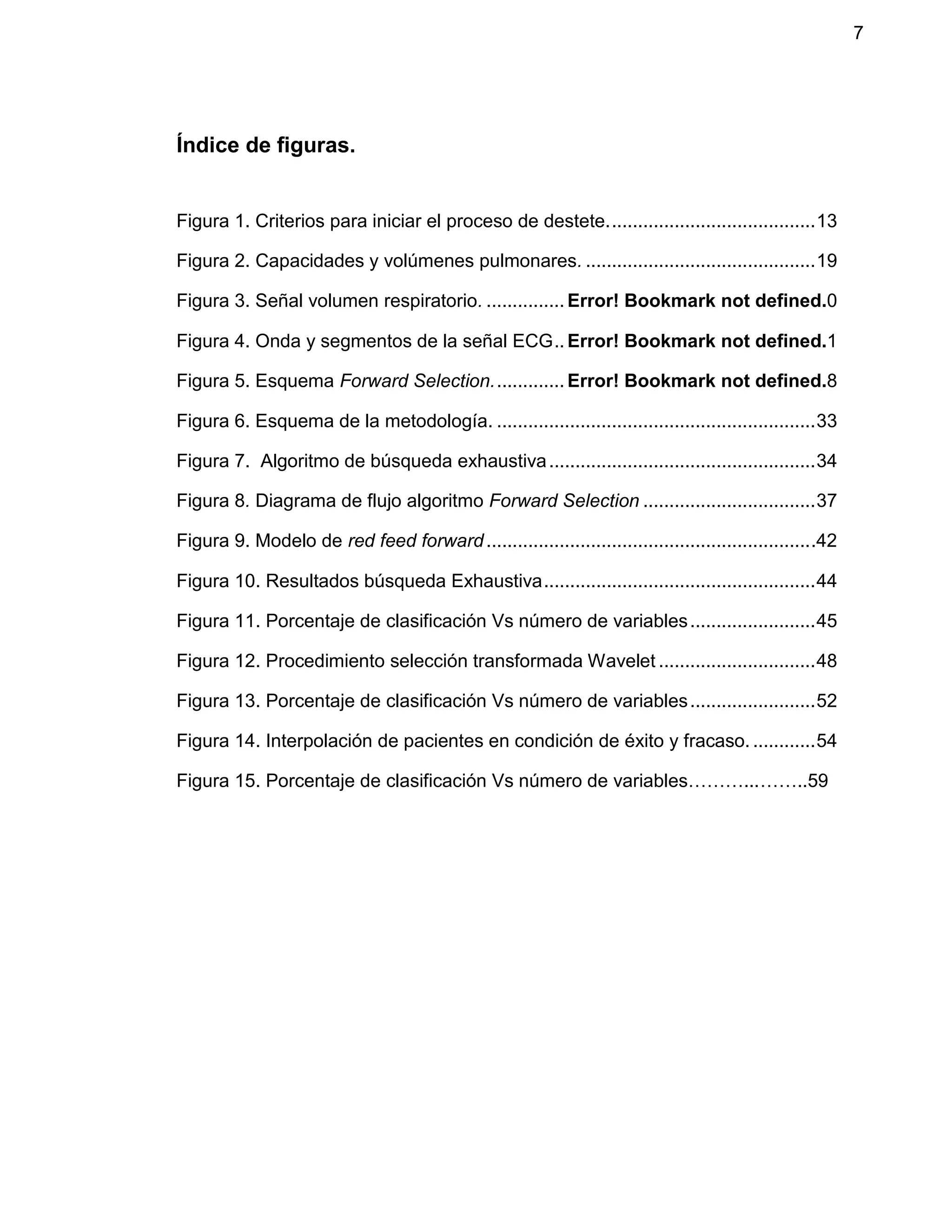 7
Índice de figuras.
Figura 1. Criterios para iniciar el proceso de destete........................................13
Figura 2. Capacidades y volúmenes pulmonares. ............................................19
Figura 3. Señal volumen respiratorio. ............... Error! Bookmark not defined.0
Figura 4. Onda y segmentos de la señal ECG.. Error! Bookmark not defined.1
Figura 5. Esquema Forward Selection.............. Error! Bookmark not defined.8
Figura 6. Esquema de la metodología. .............................................................33
Figura 7. Algoritmo de búsqueda exhaustiva...................................................34
Figura 8. Diagrama de flujo algoritmo Forward Selection .................................37
Figura 9. Modelo de red feed forward...............................................................42
Figura 10. Resultados búsqueda Exhaustiva....................................................44
Figura 11. Porcentaje de clasificación Vs número de variables........................45
Figura 12. Procedimiento selección transformada Wavelet ..............................48
Figura 13. Porcentaje de clasificación Vs número de variables........................52
Figura 14. Interpolación de pacientes en condición de éxito y fracaso.............54
Figura 15. Porcentaje de clasificación Vs número de variables………...……..59
 
