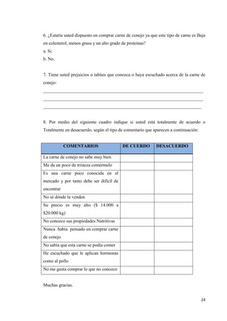 24
6. ¿Estaría usted dispuesto en comprar carne de conejo ya que este tipo de carne es Baja
en colesterol, menos grasa y un alto grado de proteínas?
a. Si.
b. No.
7. Tiene usted prejuicios o tabúes que conozca o haya escuchado acerca de la carne de
conejo:
______________________________________________________________________
______________________________________________________________________
_____________________________________________________________________
8. Por medio del siguiente cuadro indique si usted está totalmente de acuerdo o
Totalmente en desacuerdo, según el tipo de comentario que aparecen a continuación:
COMENTARIOS DE CUERDO DESACUERDO
La carne de conejo no sabe muy bien
Me da un poco de tristeza comérmelo
Es una carne poco conocida en el
mercado y por tanto debe ser difícil de
encontrar
No sé dónde la venden
Su precio es muy alto ($ 14.000 a
$20.000 kg)
No conozco sus propiedades Nutritivas
Nunca había pensado en comprar carne
de conejo
No sabía que esta carne se podía comer
He escuchado que le aplican hormonas
como al pollo
No me gusta comprar lo que no conozco
Muchas gracias.
 