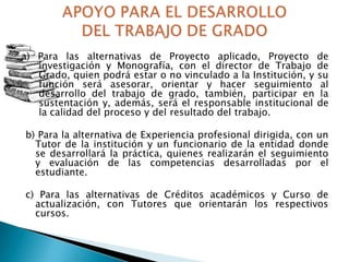 a) Para las alternativas de Proyecto aplicado, Proyecto de
investigación y Monografía, con el director de Trabajo de
Grado, quien podrá estar o no vinculado a la Institución, y su
función será asesorar, orientar y hacer seguimiento al
desarrollo del trabajo de grado, también, participar en la
sustentación y, además, será el responsable institucional de
la calidad del proceso y del resultado del trabajo.
b) Para la alternativa de Experiencia profesional dirigida, con un
Tutor de la institución y un funcionario de la entidad donde
se desarrollará la práctica, quienes realizarán el seguimiento
y evaluación de las competencias desarrolladas por el
estudiante.

c) Para las alternativas de Créditos académicos y Curso de
actualización, con Tutores que orientarán los respectivos
cursos.

 